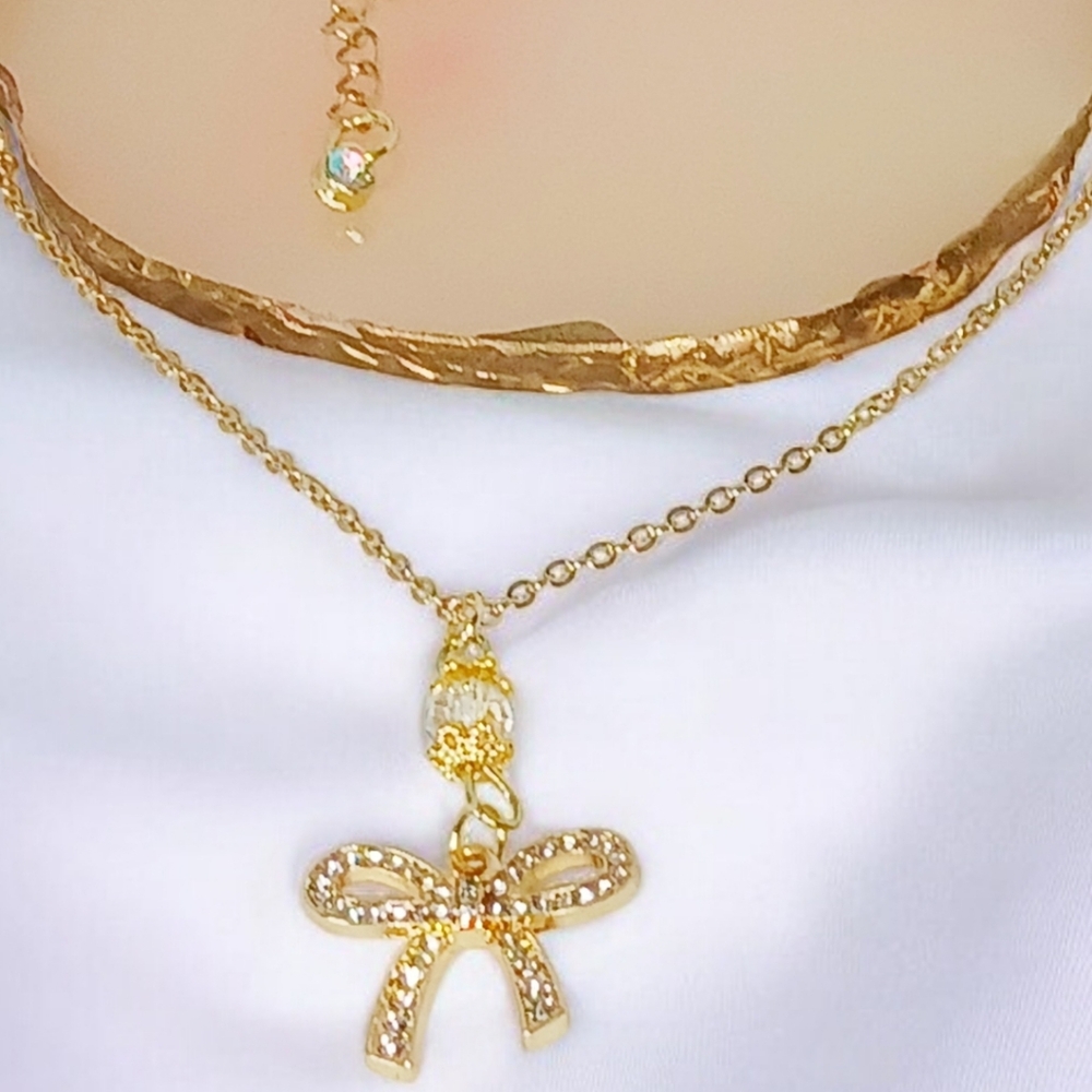 Gold Pendant Necklace with Sparkling Bow Charm New Preppy Modern Retro Glam 60s